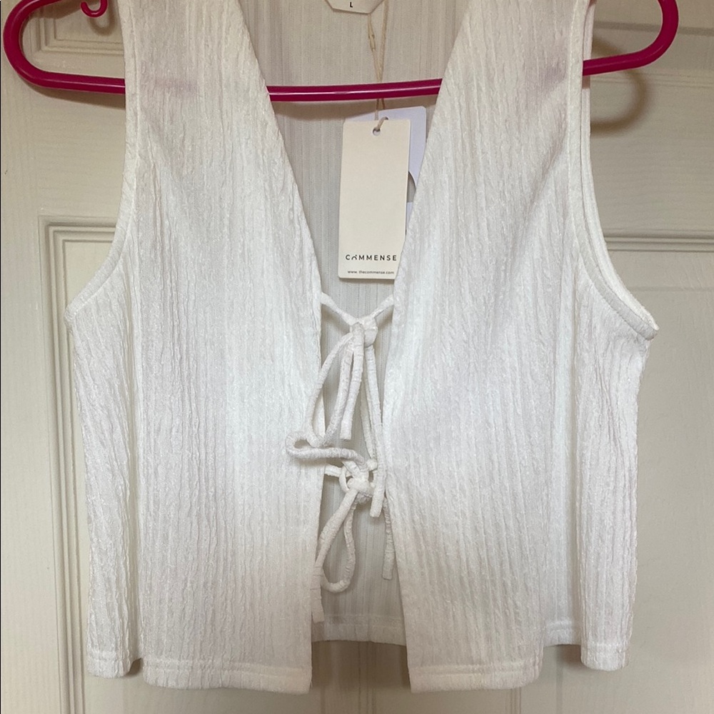 Commense White Ribbed Tie Front Tank Top - Picture 2 of 4